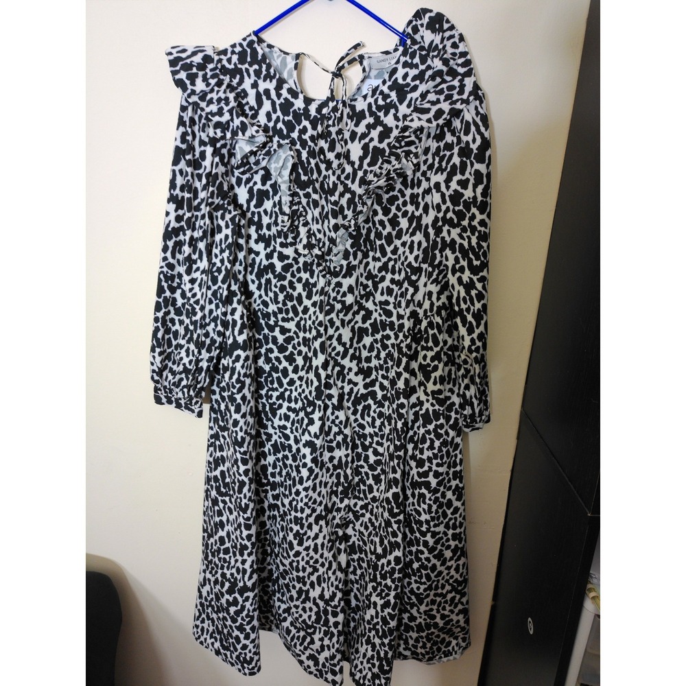 Sandy Liang Midi Dress Womens 10 Black White Animal Print Ruffle Avant Garde